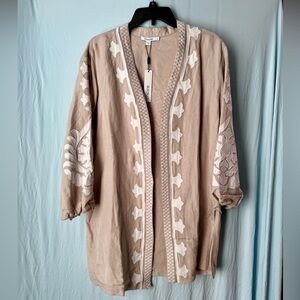 Chicos Embroidered linen blend topper size 3 Taupe & White 3/4 Sleeve Jacket